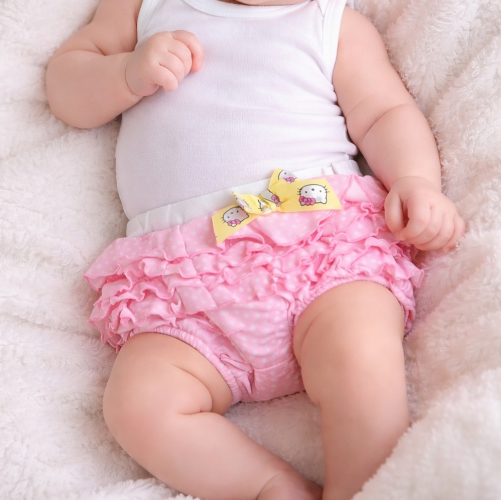 Sanrio Hello Kitty baby ruffle bloomers — pink polka dot | size 0–3 months